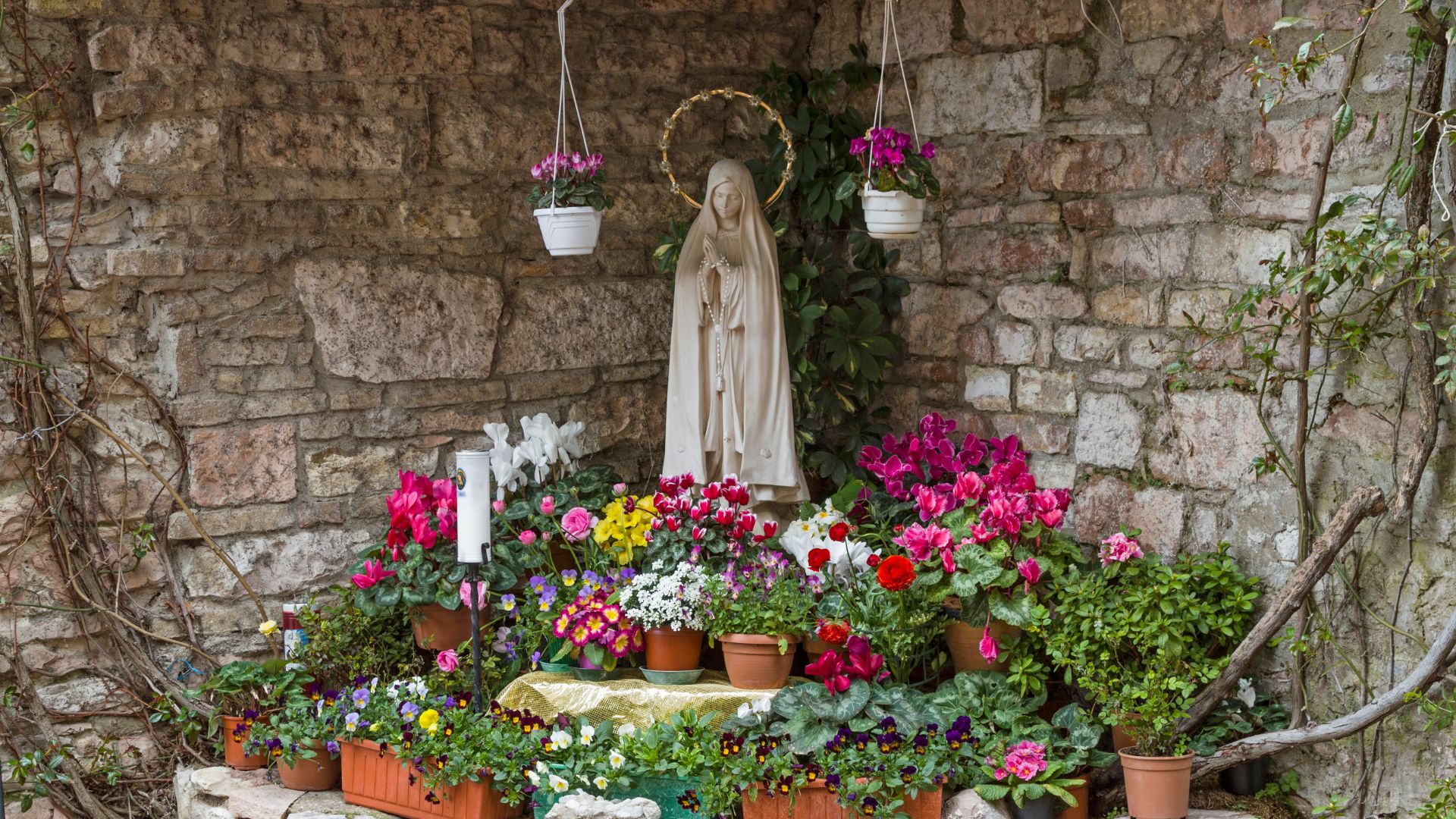 Kult maryjny bardzo często ujawnia się w przydrożnych kapliczkach pełnych kwiatów, takich jak ta na zdjęciu.